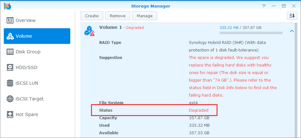 Synology volume degraded recovery NAS